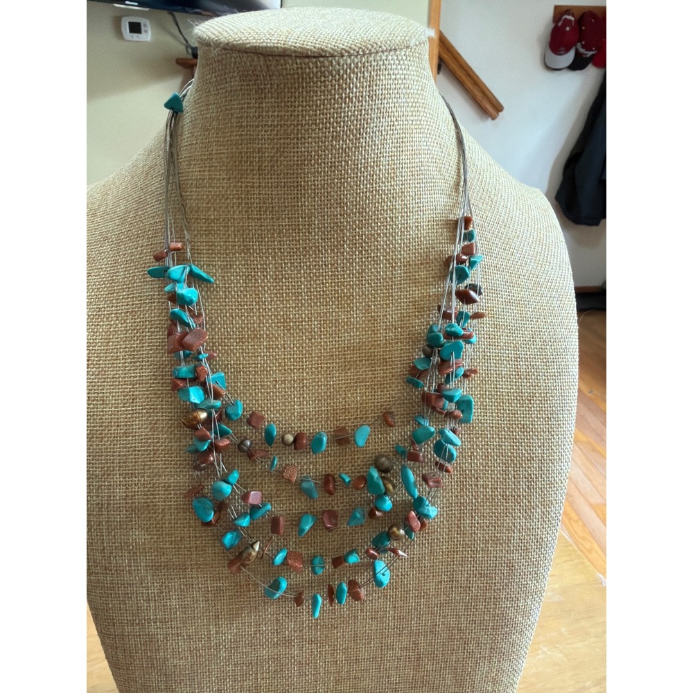 Multi Strand Turquoise Color  Goldstone Beaded Illusion Necklace Silver Tone - Picture 2 of 5